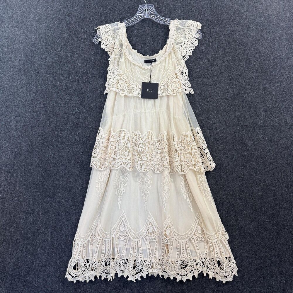 Ryu Anthropologie Dress Women's Medium Beige Lace Crochet Flutter Boho Cottage - Picture 1 of 10